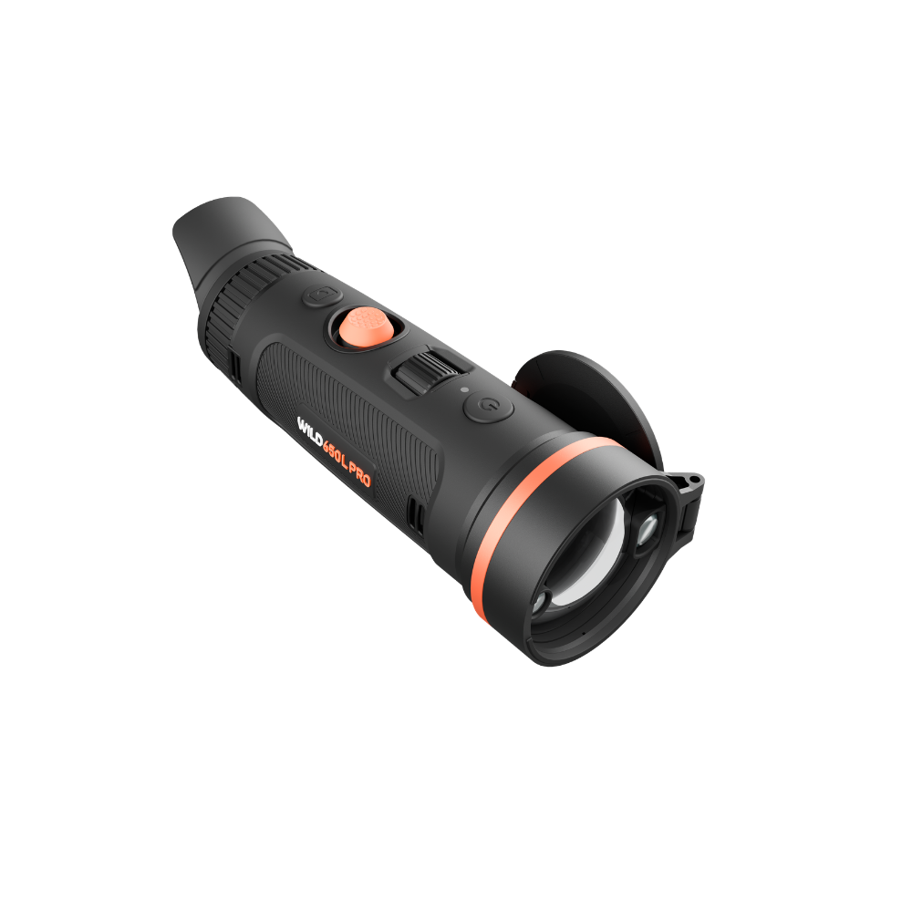 A black handheld thermal monocular with orange accent rings and buttons.