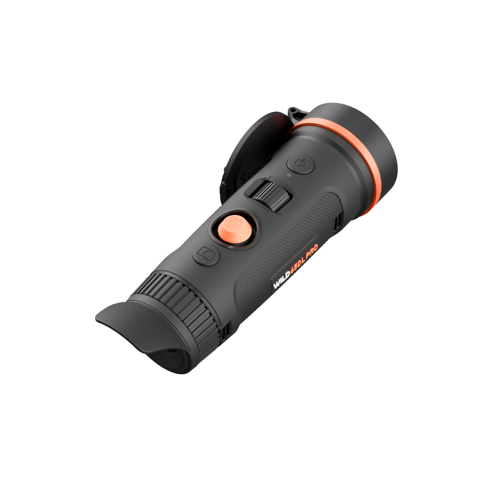 A black handheld thermal monocular with orange accent rings and buttons.