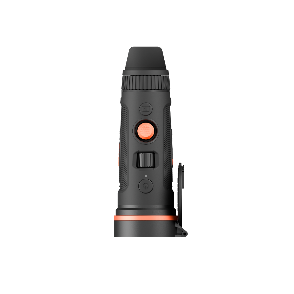 A black handheld thermal monocular with orange accent rings and buttons.