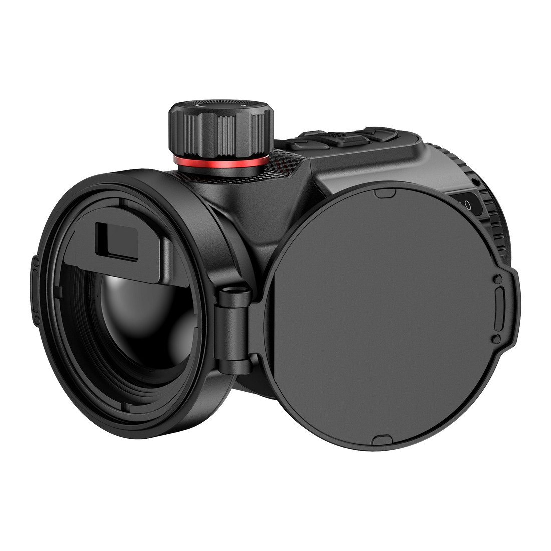 Hikmicro Thunder TQ35CL 4.0 warmtebeeld voorzetkijker – lensdop geopend met laserafstandsmeter