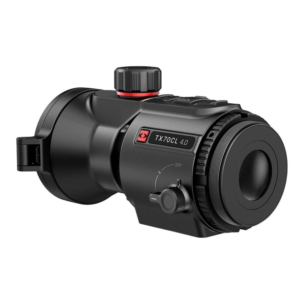 Hikmicro Thunder TX70CL 4.0 warmtebeeld voorzetkijker – schuin achteraanzicht met typeplaat