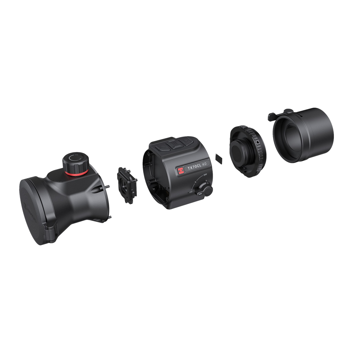 Hikmicro Thunder TX70CL 4.0 warmtebeeld voorzetkijker – opbouw met onderdelen en adapter